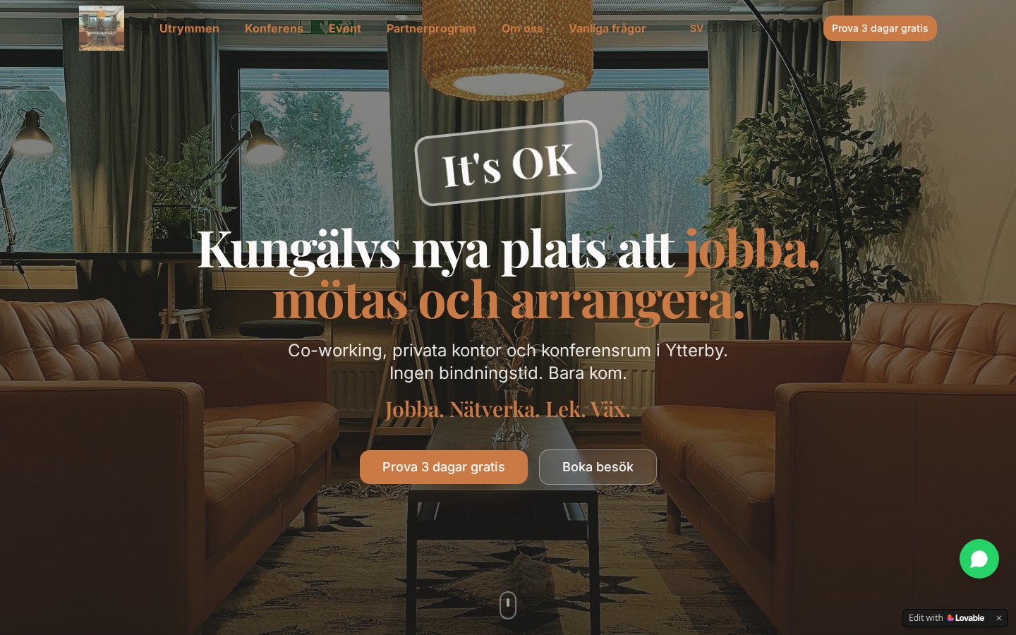 Office Kungälv homepage with its Ytterby coworking lounge and Swedish welcome heading