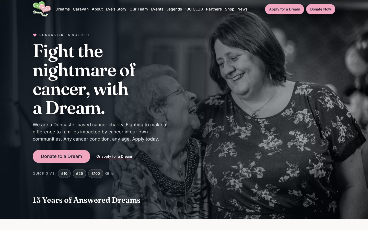 Evestrust charity homepage with a family photograph and Fight the nightmare of cancer, with a Dream headline