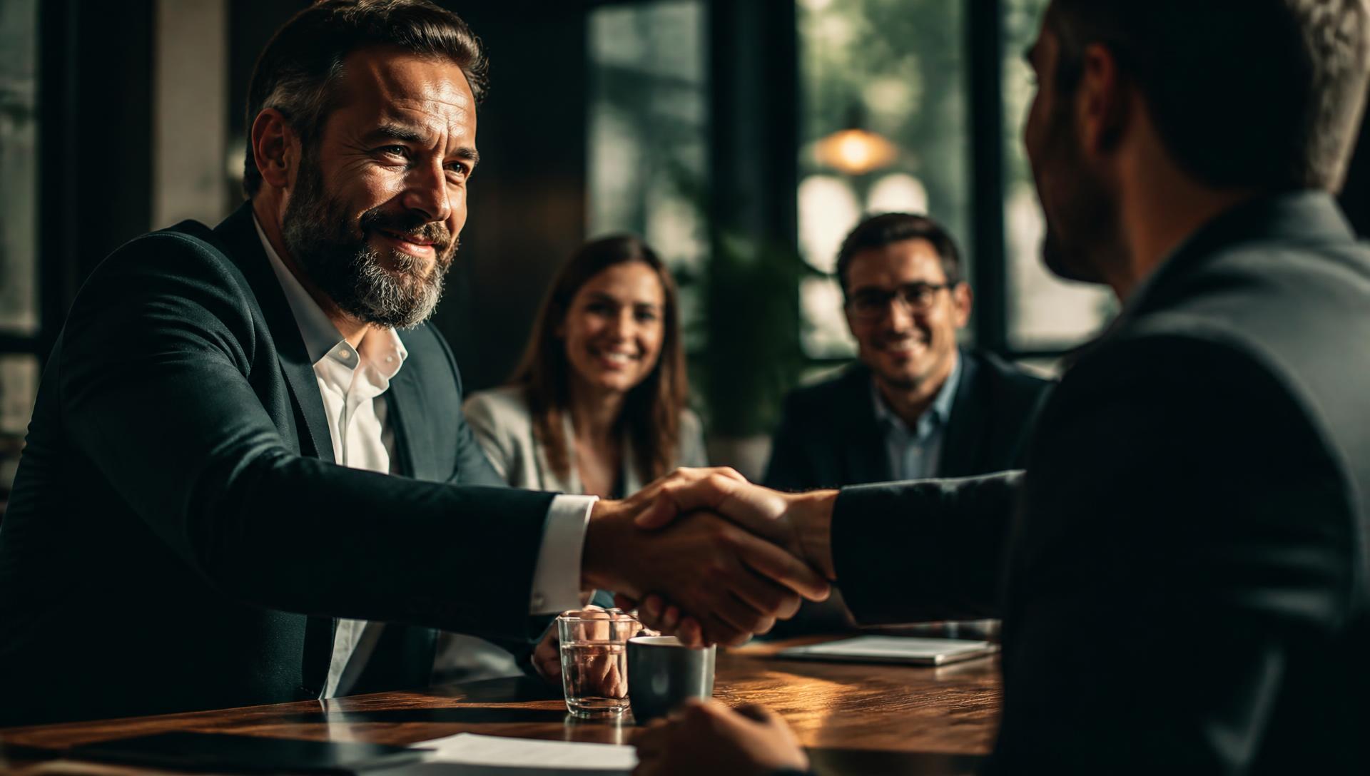 Two people shaking hands over a deal while colleagues look on