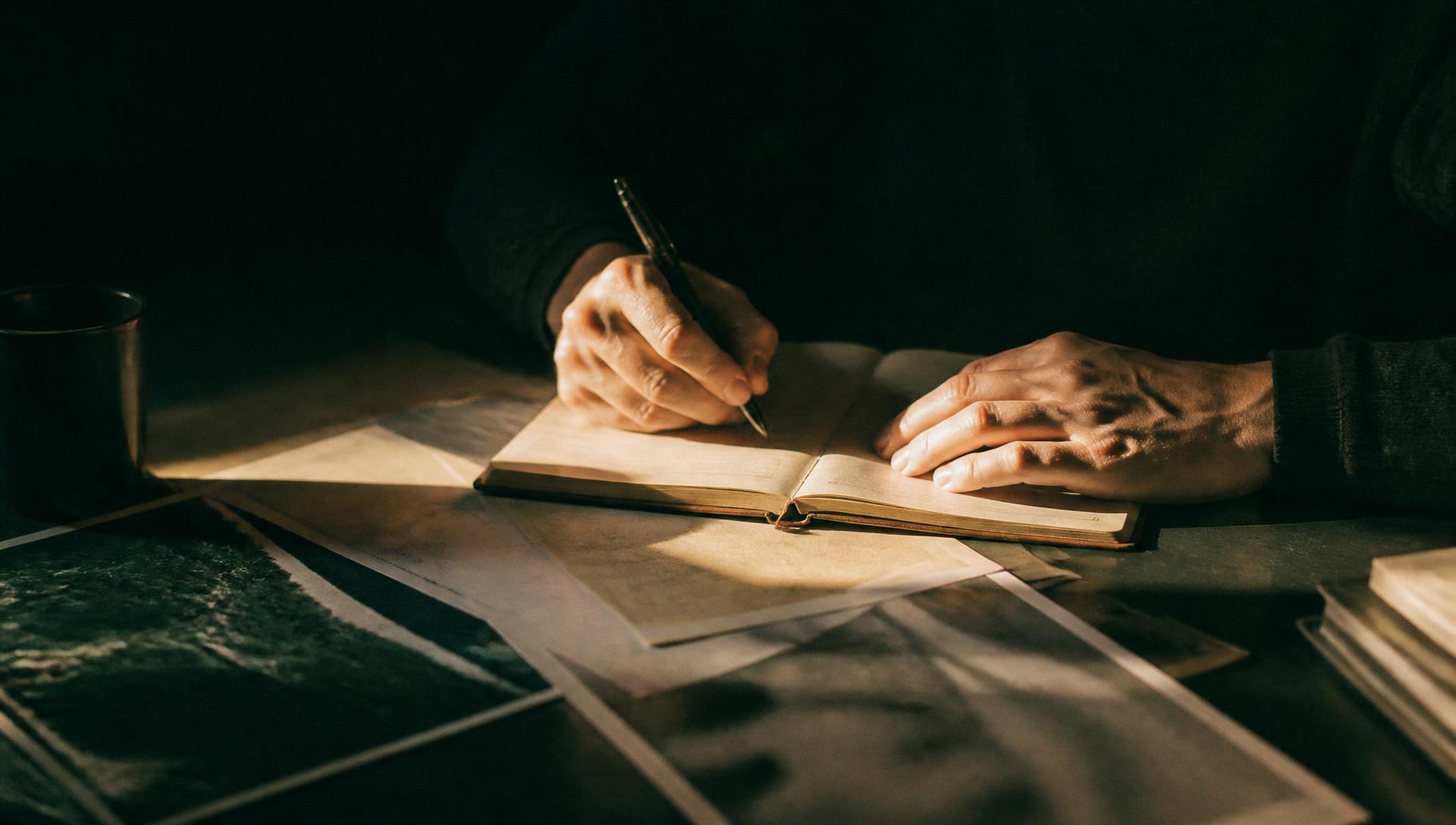 Hands writing in a notebook beside printed articles